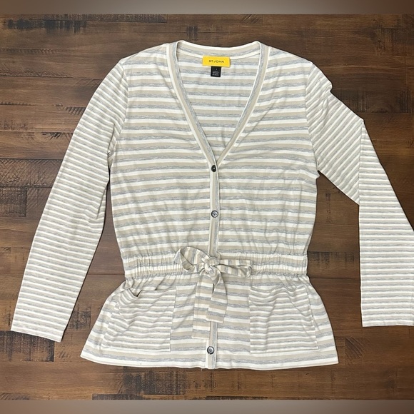 St John Knit Jersey Cardigan Ivory, Light grey, Tan Striped Small NWOT MSRP $495 - Picture 2 of 10